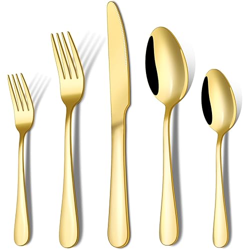20-Piece Gold Silverware Set, ENLOY Flatware Cutlery Set Stainless Steel Utensils Service for 4, Heavy Duty Gift and Dishwasher Safe, Mirror Polished Dinner Knife, Fork, Spoon for Restaurant