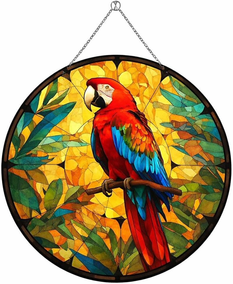 Parrot Stained Glass Suncatcher Window Hanging – Colorful Macaw Bird Stained Glass Sun Catcher with Chain, Rainbow Light Reflection Window Decor for Living Room Bedroom Garden Home (11.8x11.8 inch)