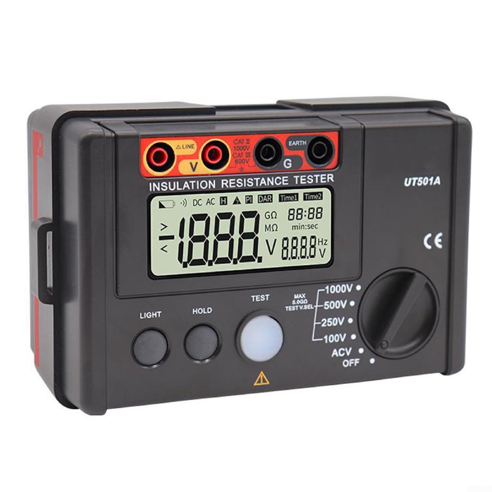 Probador de resistencia de aislamiento UT501A Medidor de resistencia de aislamiento digital Megohmmeter 100V-1000V Voltaje de salida Pantalla LCD Descarga automática Equipo de prueba