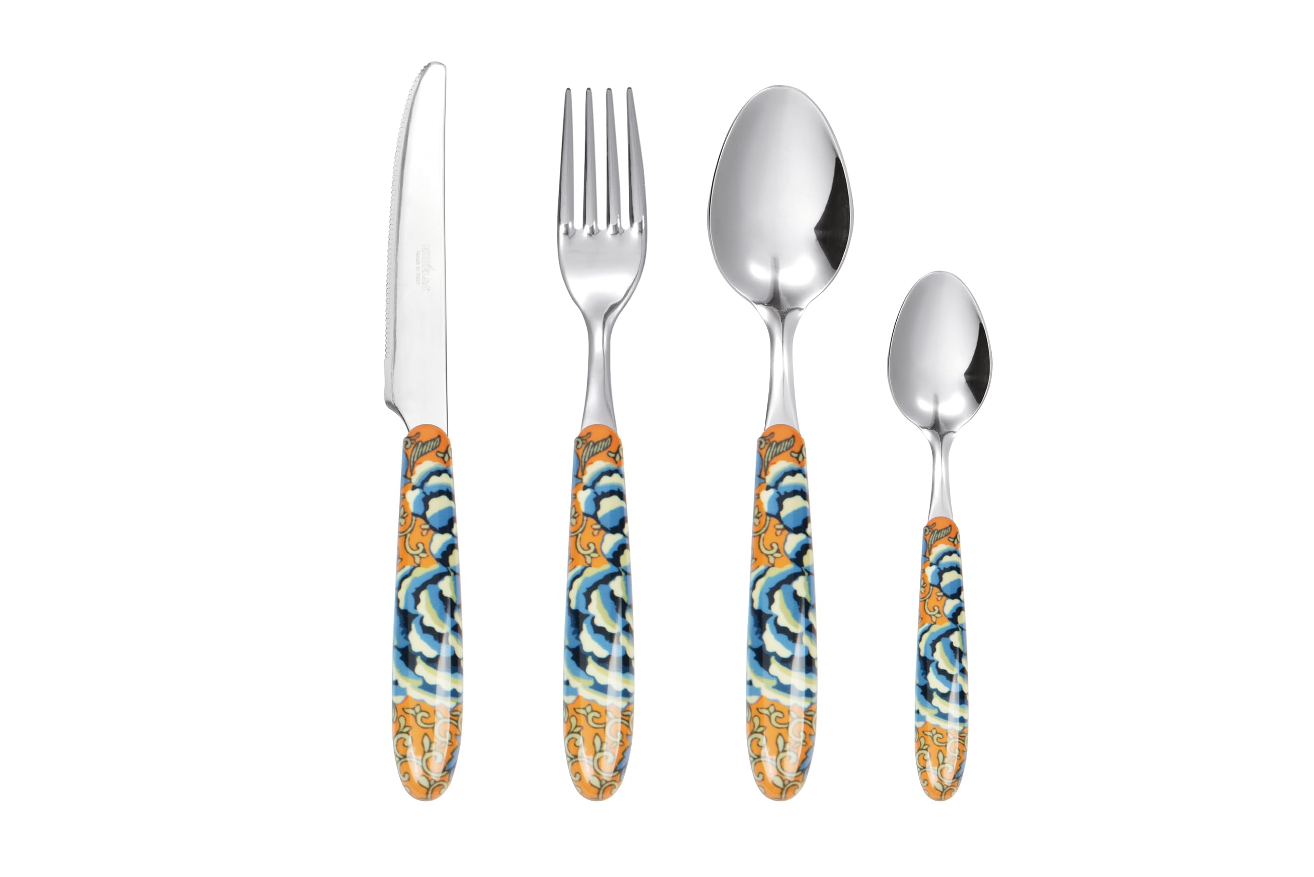 Excelsa La Via Della Seda - Juego de 24 cubiertos multidecoración, acero inoxidable, mango de plástico