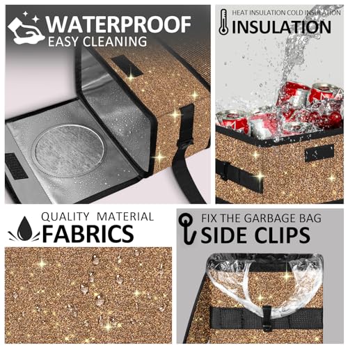 Image of Cute Mini Car Trash Bag with Lid, Glitter Garbage Can Bin Hanging for Back /Front Seat /Console, Waterproof, Leakproof, 2.5 Gallon, Brown Bling Sparkly
