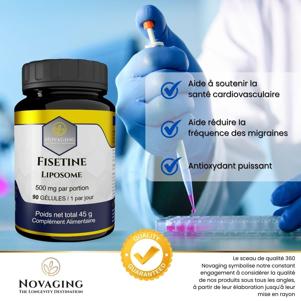 Fisetine Liposomale 500 mg 90 Gélules Vegan, 3 mois. | NovAging© Bio-disponibilité maximale. Anti-âge. flavonoïde naturel. Précisément dosé. Testé sans OGM ni allergènes.