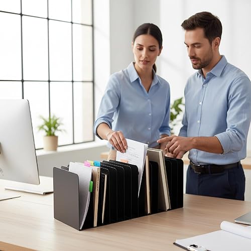 Miniatura 6 de Suzile Organizador de archivos de escritorio de metal, 15 compartimentos, clasificador de archivos vertical, negro, 5.79 pulgadas de ancho x 15.75