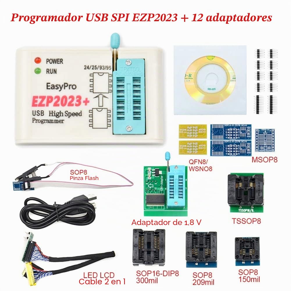 EZP2023 + Programador SPI Flash Alta Velocidad Conjunto + 12 Adaptadores Compatible 24/25/93/95 EEPROM Bios 25T80 Grabado fuera de línea Copia