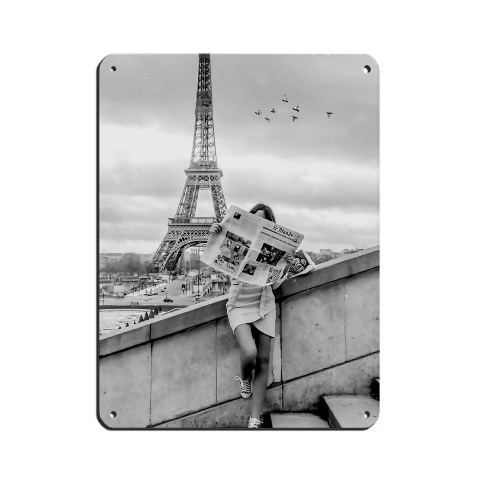 Woman Reading Newspaper at Eiffel Tower Retro Poster Metal Tin Sign Chic Art Retro Iron Painting Bar People Cave Cafe Family Garage Poster Wall Decoration 12x16inch(30x40cm)