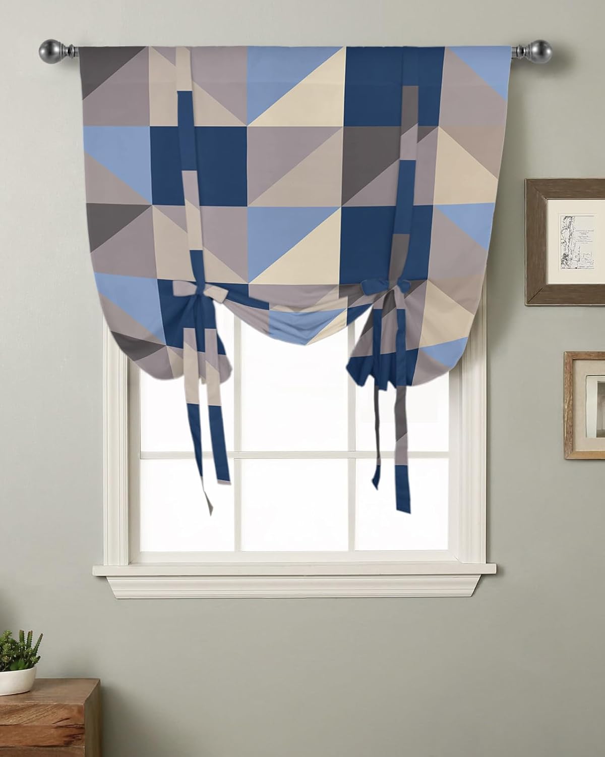 Tie Up Window Shade Curtain Neutral Grey Geometric Triangle Kitchen Adjustable Balloon Curtains Shades Drape 46x63In for Living Room/Bedroom/Cafe Windows Abstract Modern Art