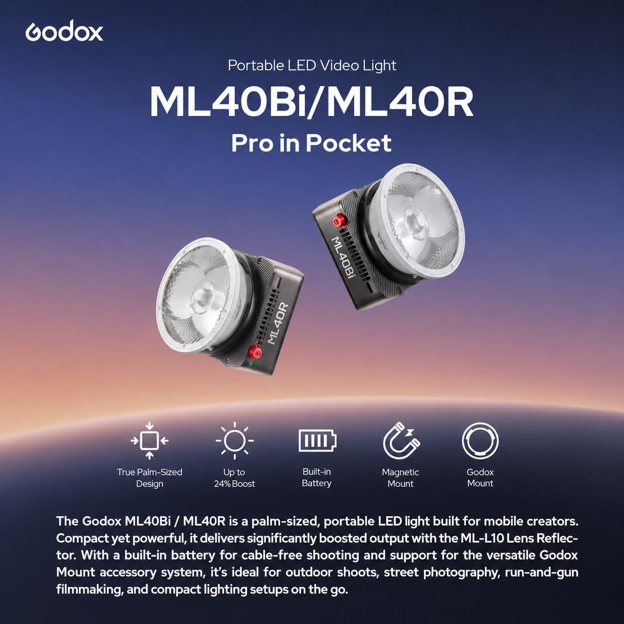 Godox ML40R LED RGB portátil, luz COB de Palma, batería incorporada, Control App/NFC, Compatible con Montura Godox, iluminación compacta para Youtube y fotografía