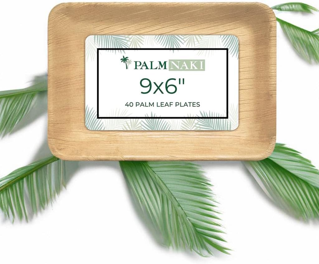 PALM NAKI Eco-Friendly Palm Leaf Rectangle Plates - 9" x 6" - Bamboo Style (40 Pack), Sustainable, Decorative & Compostable Tableware (Rectangle Plates)
