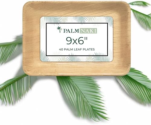 Miniatura 8 de PALM NAKI Platos rectangulares ecológicos de hoja de palma, 9 x 6 pulgadas, estilo bambú (paquete de 40), vajilla sostenible, decorativa y
