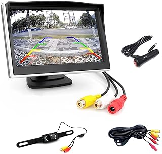 Car Backup Camera, IP67 Waterproof Clear Night Vision Reverse Camera, HD 1080P 5 Inch Rear View Monitor System, Two Channels Car License Plate Camera Kit for Car Truck Van SUV and More