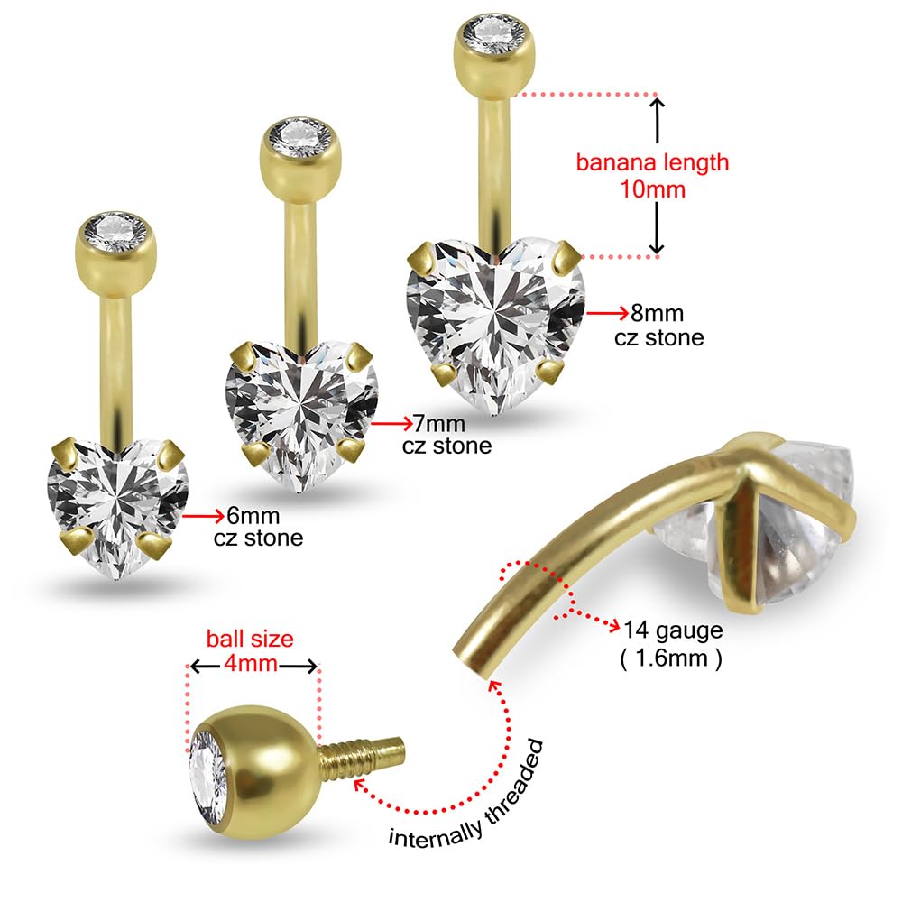 Piercing para ombligo de oro amarillo macizo de 14 quilates con circonita cúbica de calibre 14 con rosca interna, para ombligo, joyería para el ombligo, joyería para el ombligo, joyería