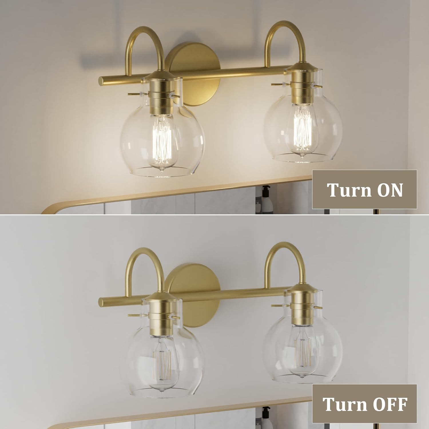 2-Light Gold Bathroom Light Fixture, Modern Bathroom Vanity Light Over Mirror Two Light Brushed Gold Vanity Lights for Wall Sconce Lighting, E26 Base,Gold