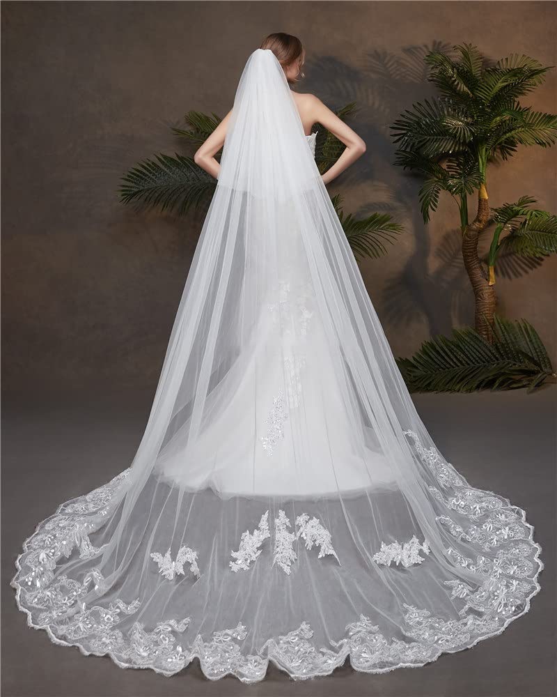 Ślub Elegancki dwuwarstwowy welon ślubny z cekinową koronką Tiulowy welon katedralny dla panny młodej z grzebieniem (Color : Ivory)