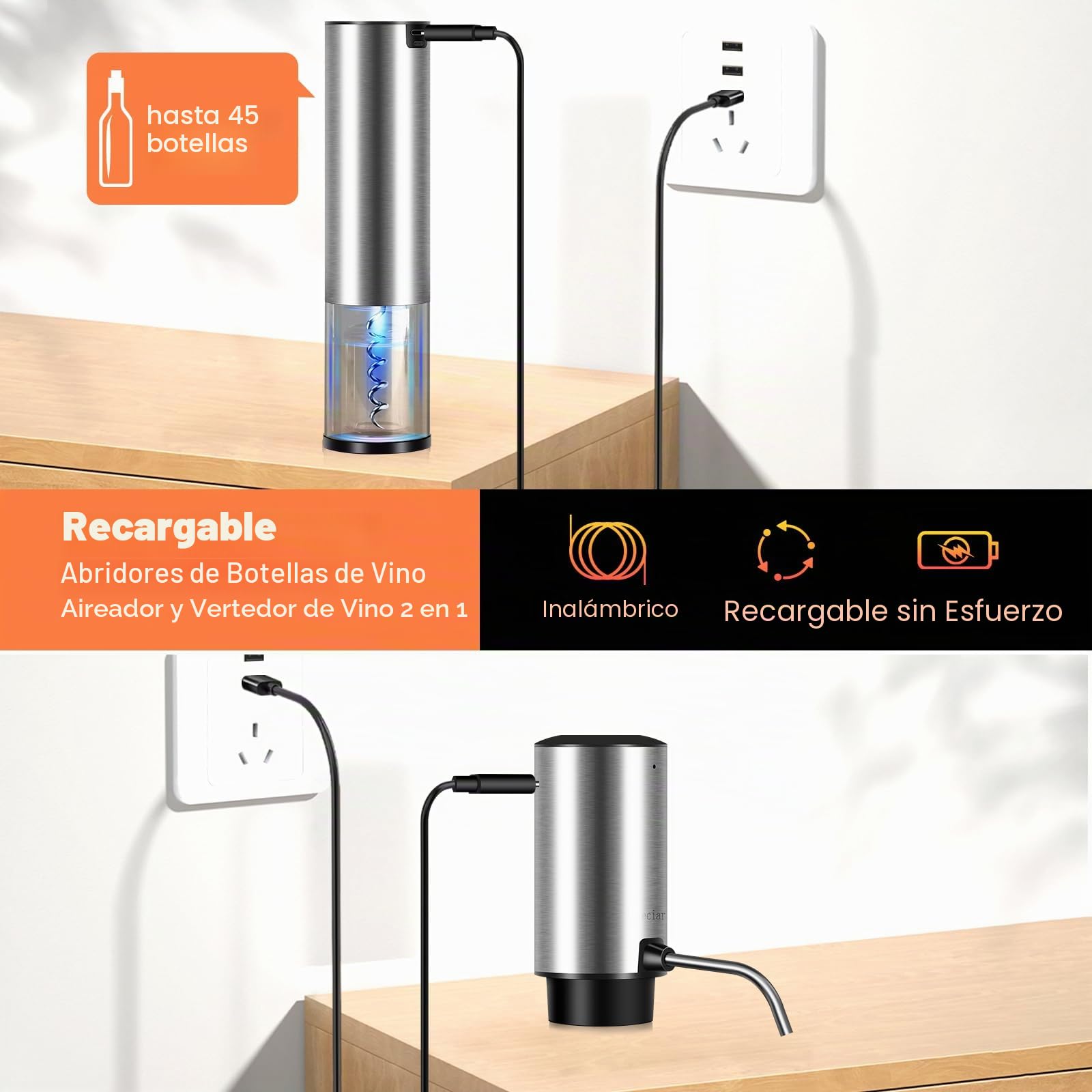 Sacacorchos Eléctrico Recargable, Regalo Set 4 en 1 Abridor de Vino Automático de Acero Inoxidable, Saca y Expulsa el Corcho con un Botón, Aireador Eléctrico de Vino, Tapón de Vacío