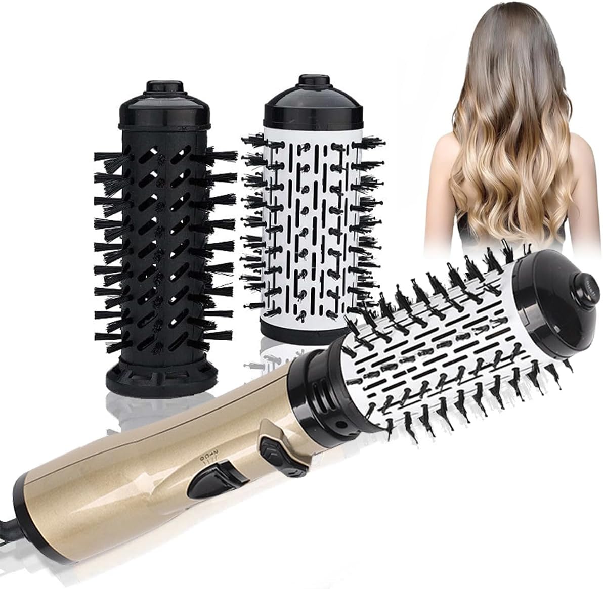 3-in-1 Hot Air Styler and Rotating Hair Dryer, Spin Hair Dryer Brush with 2 Interchangeable Brush, Anti-frizz Hot Air Spin Brush Set for Straightening, Drying, and Curling (Gold)