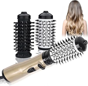 3-in-1 Hot Air Styler and Rotating Hair Dryer, Hair Dryer and Blow Dryer Brush in One, 2 Interchangeable Brushes for Dry and Wet Hair, Auto-Rotating Curling Hot Hair Brush Gold