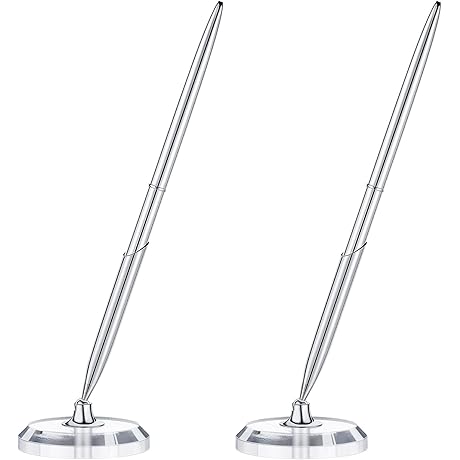 2 Sets Silver Guest Book Pens with Round Acrylic Pen Base Stands