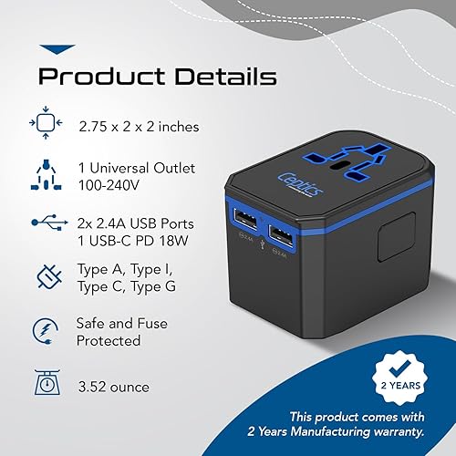 Miniatura 7 de Ceptics Universal Travel Plug Adapter - Powerful 33W with PD & QC 3.0 USB-C Fast Charging - 2 USB Ports Wall Charger Type I C G A Outlets 110V 220V