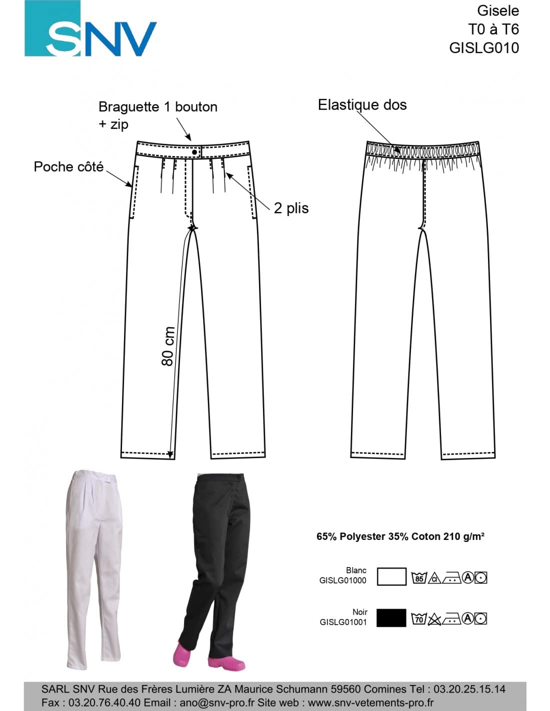 SNV Pantalon Cuisine Blanc Homme Femme élastiqué Dos Cuisinier Restauration Polycoton Poches Pratiques