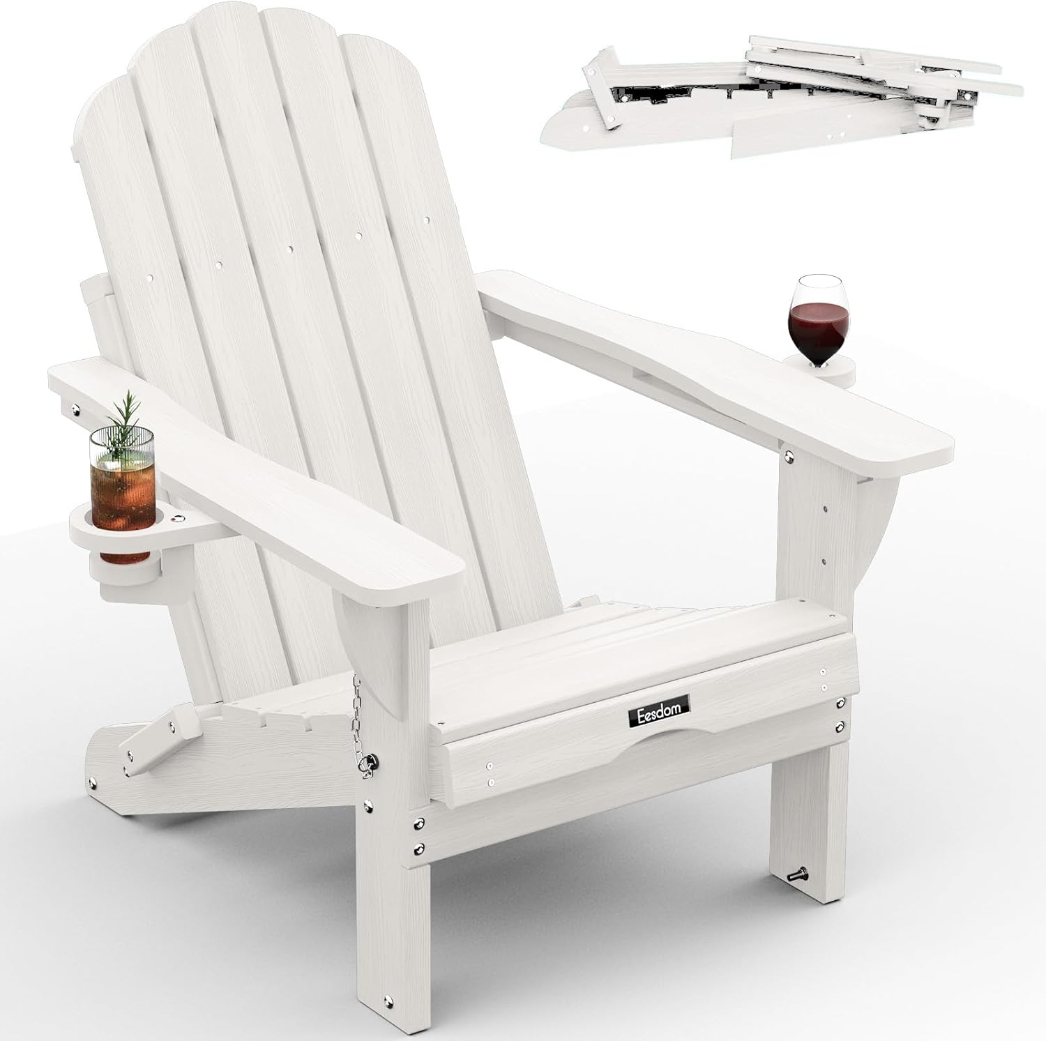 Folding Adirondack Chair, HDPE Adirondack Chair with 2 Cup Holders, Pre-Assembled Outdoor Chairs for Patio, Garden, Poolside, White