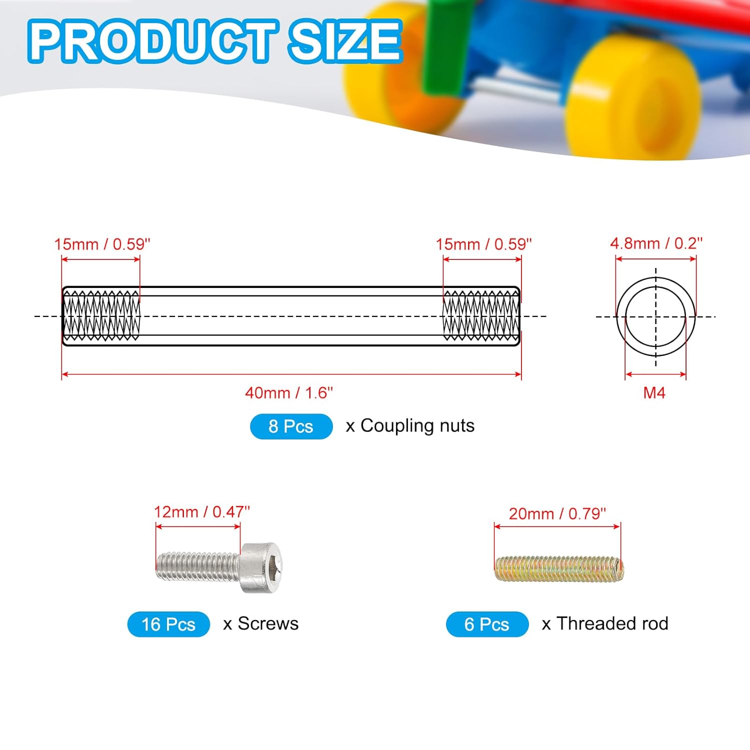 PATIKIL 40mm (1.6") Round Coupling Nuts Kit, M4 Threaded Connector Bar Hardware with Fully Thread Rods Socket Screws for Lamp Model Furniture DIY Repair Part