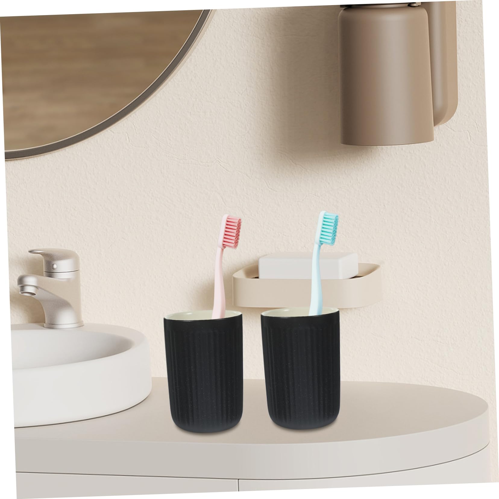 Happyyami 2 Vasos de Cerámica Negra de 300ml para Cepillos de Dientes y Enjuague Bucal, Reutilizables y Cómodos para Camping y Viaje