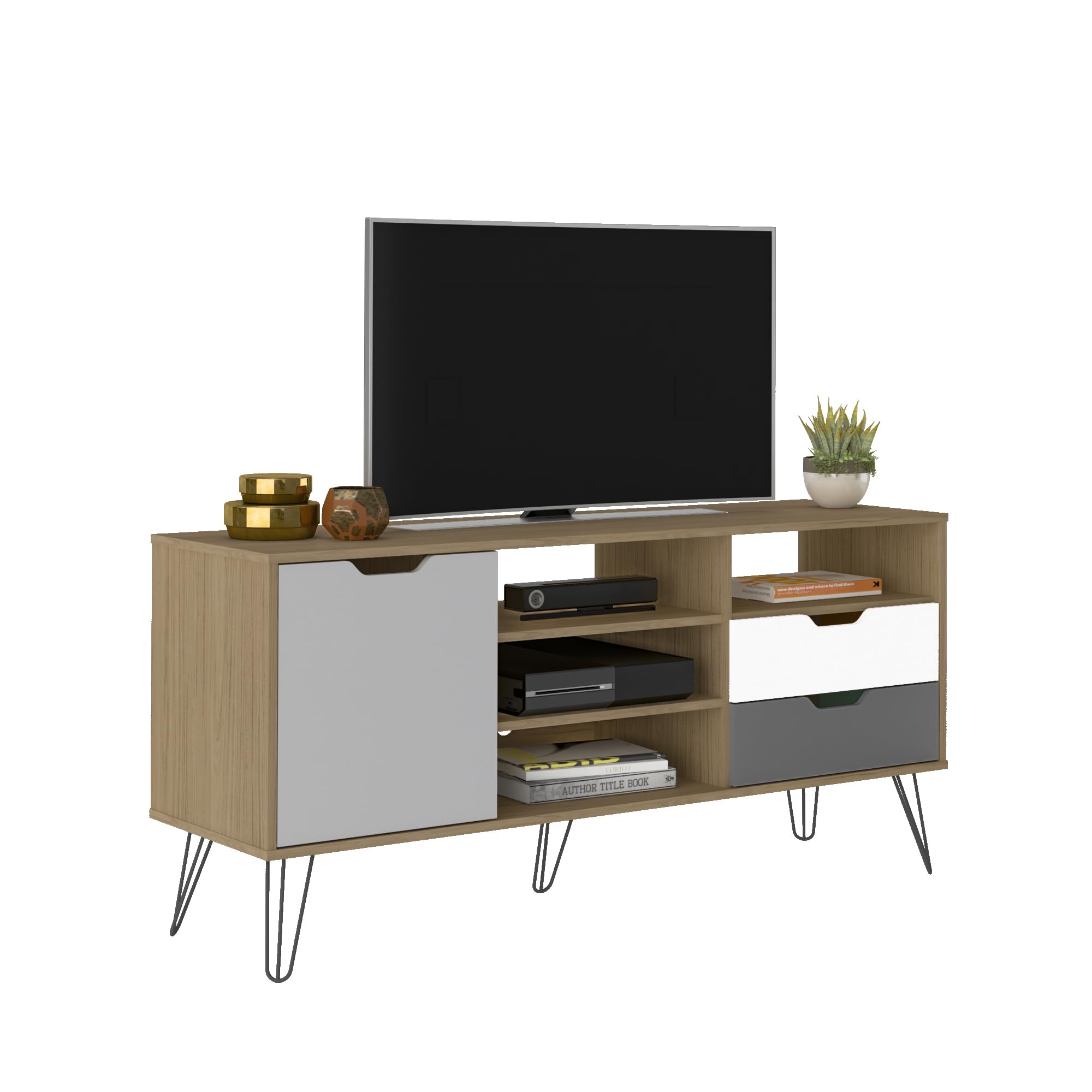 MOMMA HOME Conjunto Completo de Salon y Comedor, Modelo Estocolmo, Acabado Roble, Blanco y Gris, Aparador + Mueble TV + Mesa de Centro + Aparador Alto Botellero