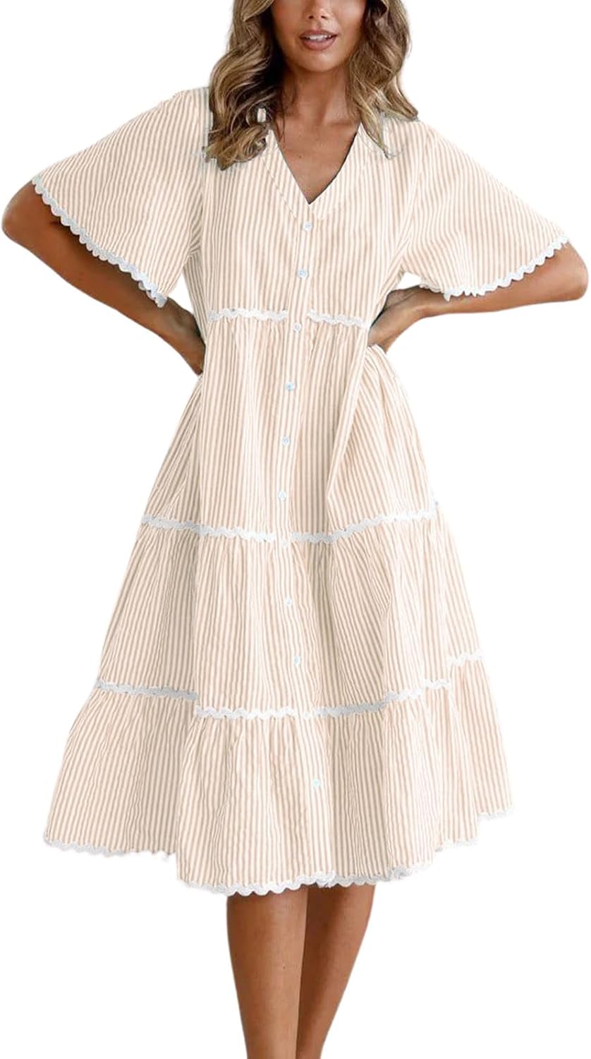 chouyatou Women Summer Boho RIC Rac Tiered Striped Midi Dress Button Down Flutter Sleeve Swing Shirt Dress
