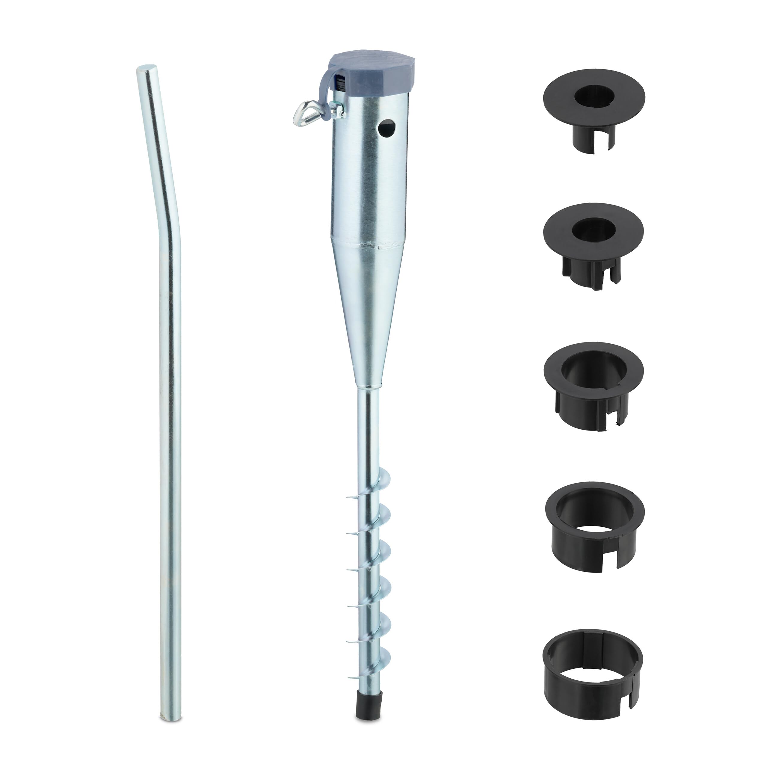 Relaxdays Parasol Ground Anchor, Socket for Umbrella & Rotary Dryer, 25-55 mm Pole, Screw-in, Steel Spike, Silver/Grey, Plastic, 56 x 7 x 10 cm