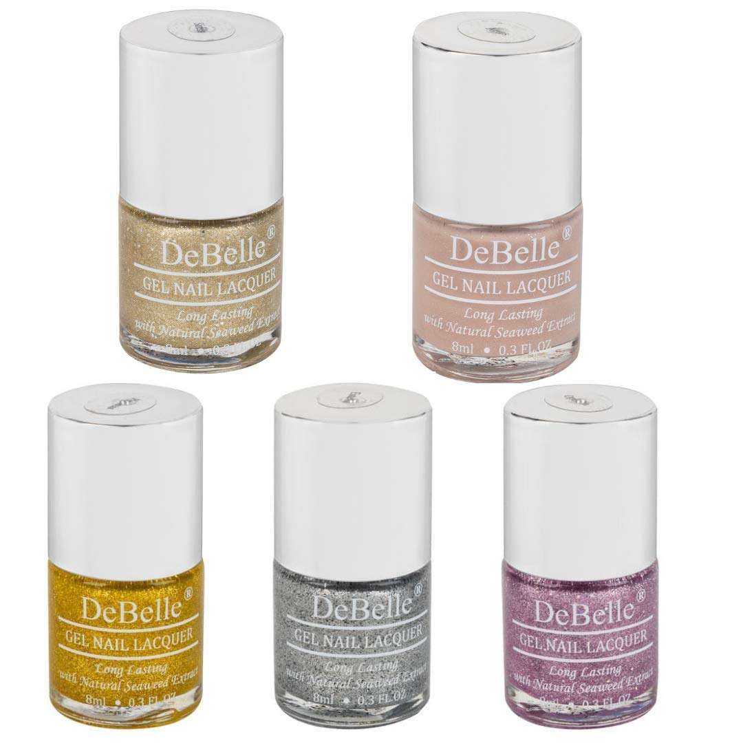 DeBelle Gel Nail Polish Combo Set Of 5, Sirius (Champagne Gold with Silver Glitter), Aries (Light Beige Glitter), Pegasus (Lime Yellow with Gold Glitter), Estella (Silver with Black Glitter), Ophelia(Lavender with Holo Glitter), 40 ml (8ml Each)