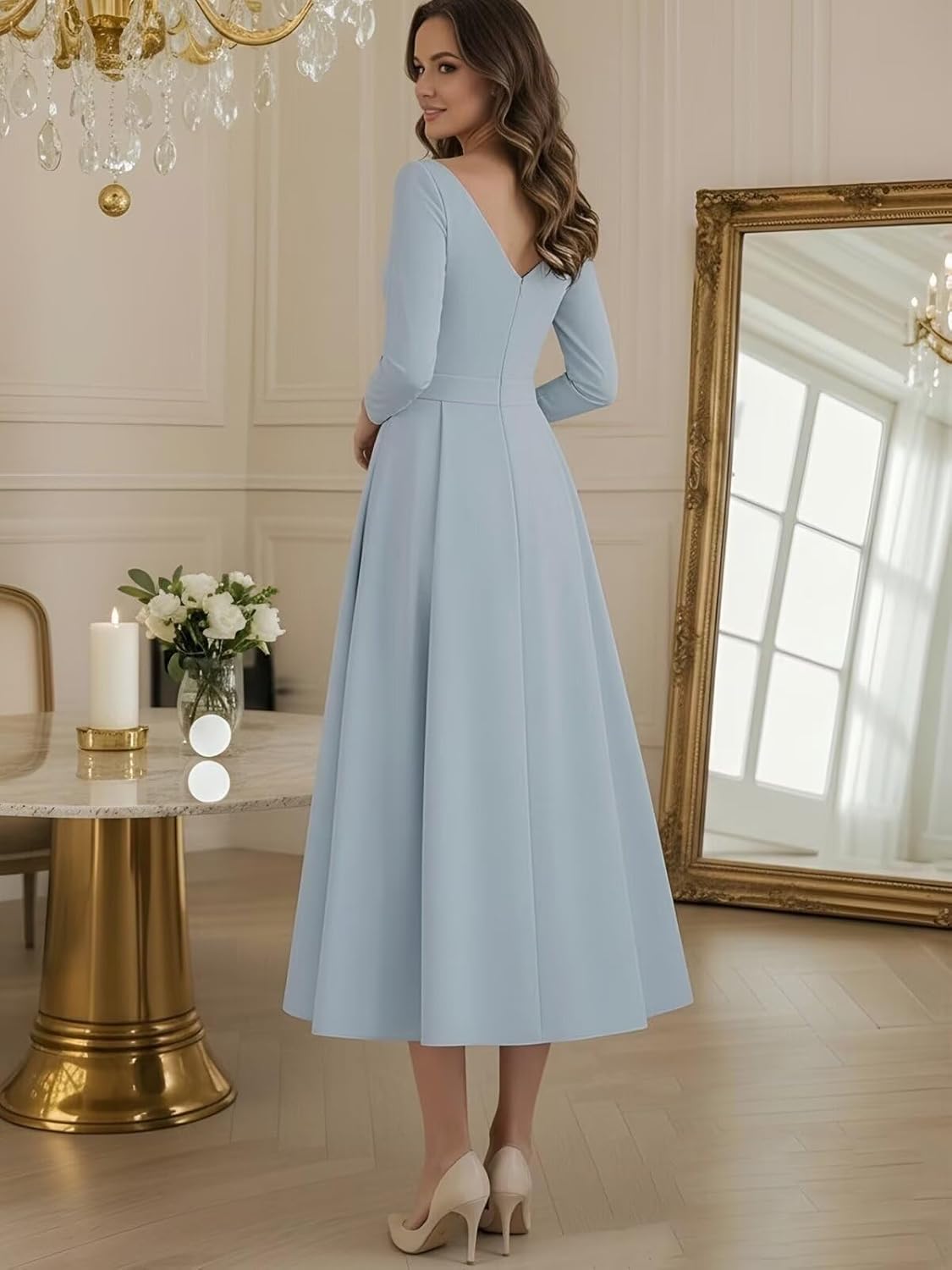Petite Mother of The Bride Dress Tea Satin Length Formal Wedding Guest Dresses with Sleeves