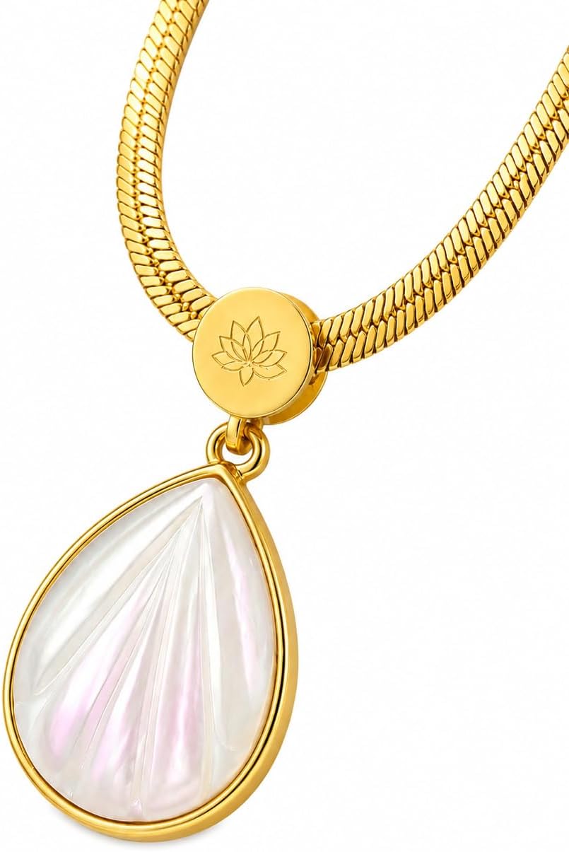 Mother of Pearl Teardrop Pendant Necklace, Gold Snake Chain | Shell Carved Design, Lotus Engraved Clasp, Iridescent Stone, Teardrop Shape, Gold-Tone Setting