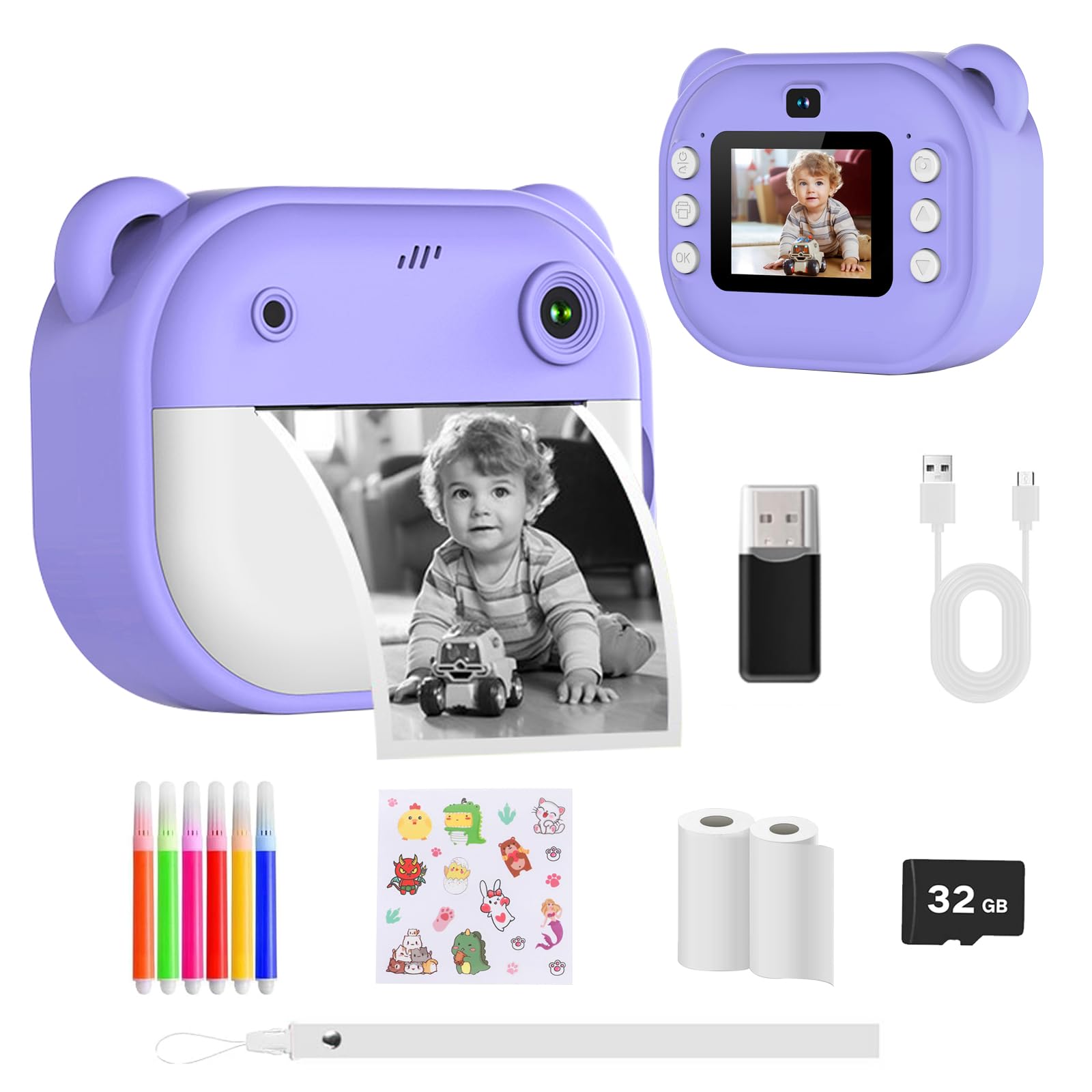Instant Photo Camera, Instant Camera with 32G Card Colored Pens and Printing Paper, Selfie Mode and Video, Gift for Kids Ages 3-14 (Purple)