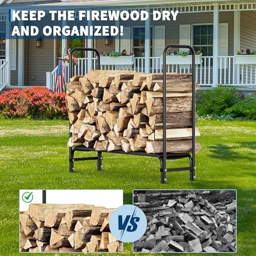 4Ft Firewood Rack Outdoor, Firewood Rack Indoor with Fabric Mesh, Heavy Duty Fire Logs Stand Stacker Holder, Metal Lumber Storage Organizer for Storing Logs of Various Size, Black