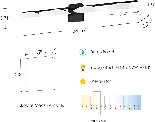 Miniatura 13 de EGLO Metrass - Lámpara de tocador moderna de 4 luces, aplique de pared para interiores, lámpara LED regulable para baño con vidrio satinado, 40