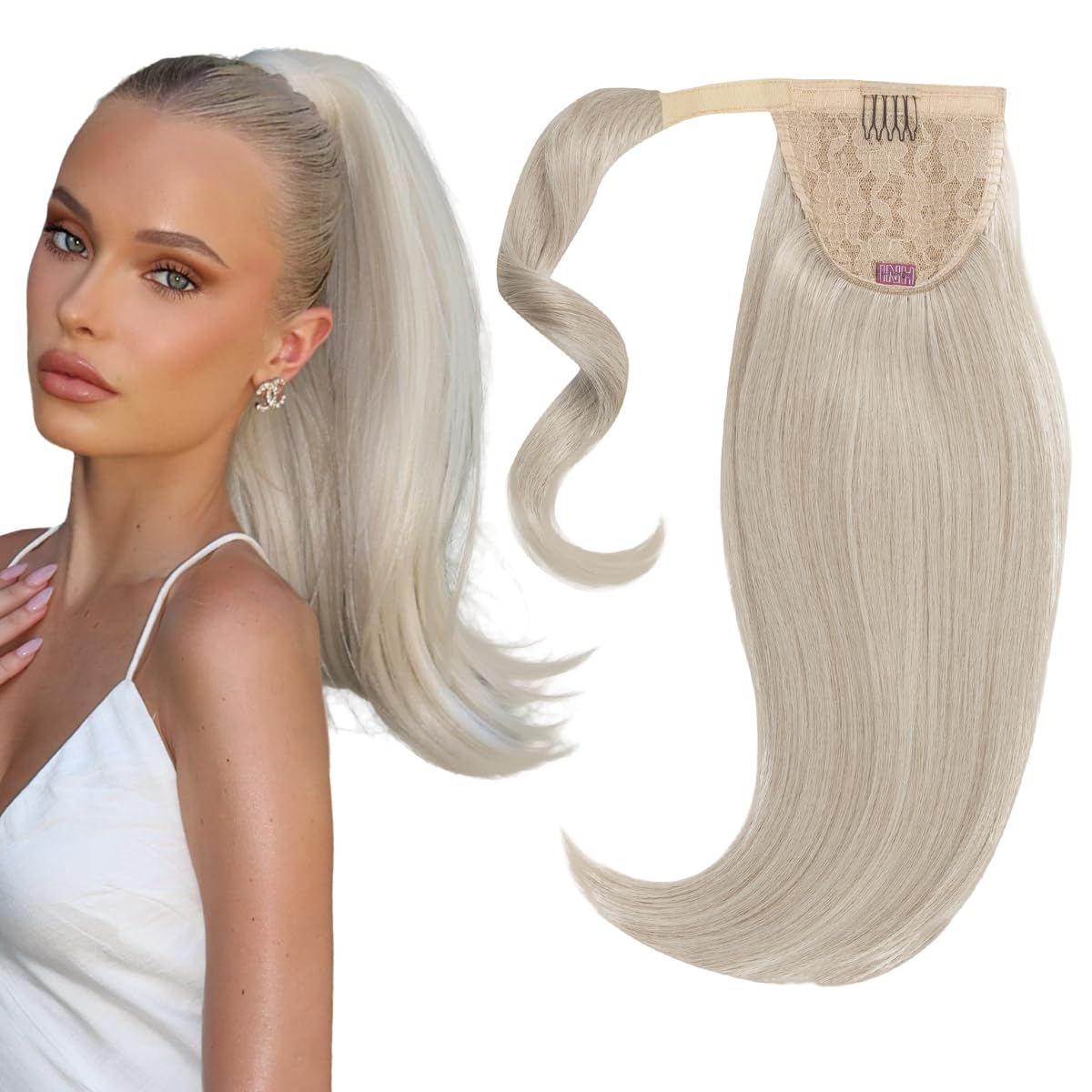 Photo 1 of INH Hair Lola Ponytail Extension - Icy Platinum Blonde | Lola 17 inch Clip in Straight Pony with Swoop, Secure Comb Base and Wrap Around Design, Mid-length for Women, Lightweight Vegan Synthetic Hair