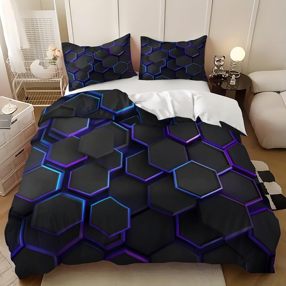 Miękka mikrofibra o strukturze plastra miodu geometryczne science fiction poszwy na kołdry 200 x 200 cm wygodna i oddychająca pościel 3-częściowy zestaw hipoalergiczny czarny poszewka na kołdrę na