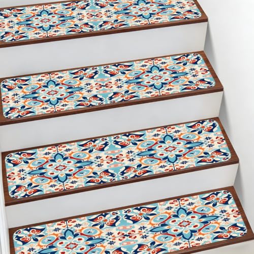 Mexpekil Peldaños antideslizantes para peldaños de madera, paquete de 10 unidades, 76 x 20 cm, alfombra de escalera (mandala de azulejos de cerámica damasco)