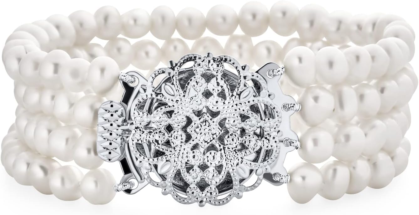 Antique Vintage Art Deco Style Wide Statement Bridal Four Multi Strand White Freshwater Cultured Pearl Choker Bracelet Necklace For Women, Wedding Silver Plated Brass 7.5 Inch