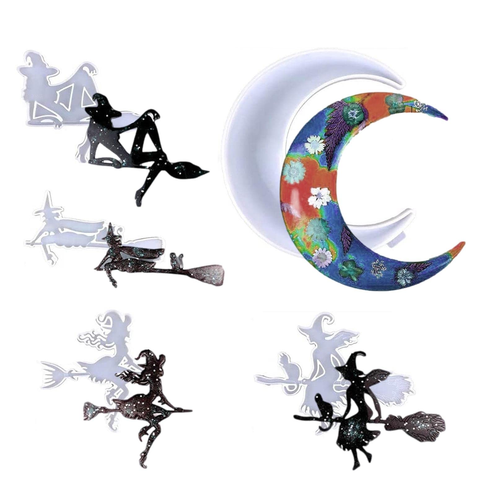 2 Forma Ksi? ?yca Halloween | ?ywica Halloweenowa Forma Dekoracyjna,Halloweenowe epoksydowe silikonowe formy odlewnicze z 1 ksi? ?ycem i 4 szt. Formy czarownicy, ywicy do dekoracji ?cian Zcsxk