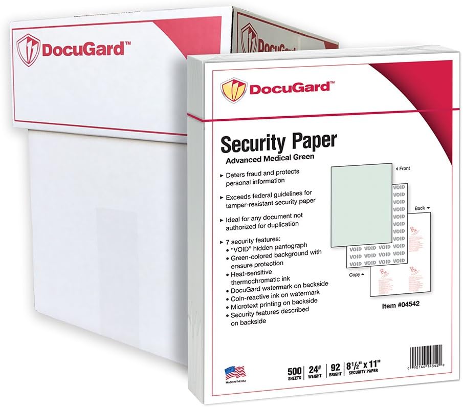DocuGard Advanced Medical Security Paper for Printing Prescriptions and Preventing Fraud, CMS Approved, 7 Security Features, Laser and Inkjet Safe, Green, 8.5 x 11, 24 lb., 2500 Sheets (04542C) : Office Products