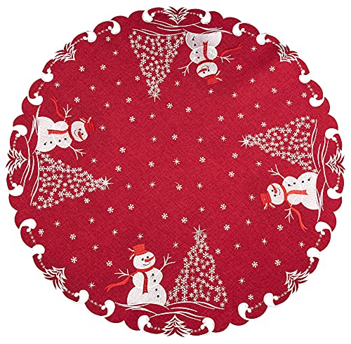 Beautifully Elegant Silver Star Topped Trees and Snowman on Red Linen Doily, Table Topper, Small Tablecloth, Table Centerpiece (34 Inch Round)