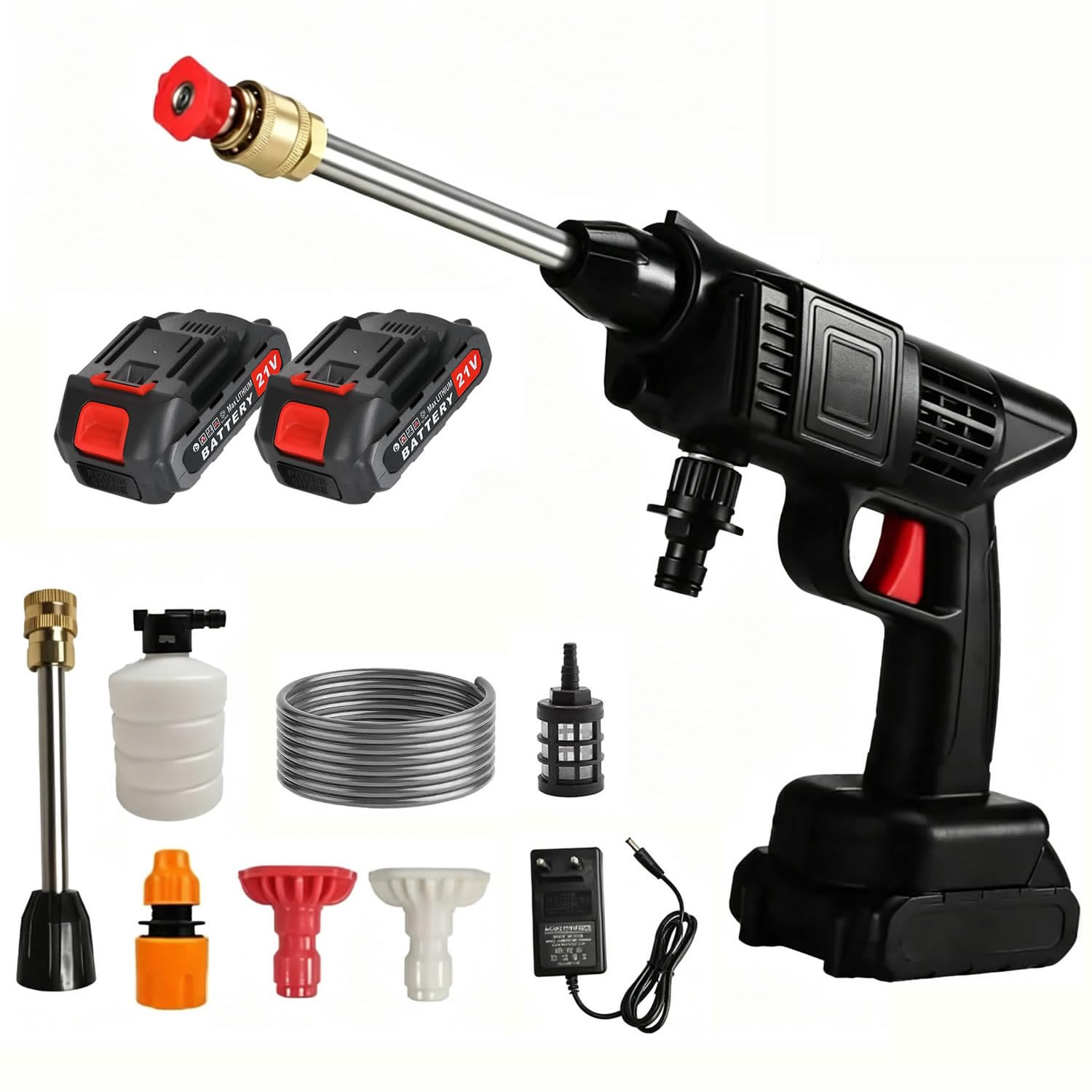 Akku Hochdruckreiniger Kabellose, 21V 60 Bar Mobiler Hochdruckreiniger Akku Mit 2 x 2000mAh Akku, 3-in-1 Drehbare Düse, Schaumsprüher, 5M Schlauch, für Auto Garten Reinigung und Bewässerung, Terrasse,