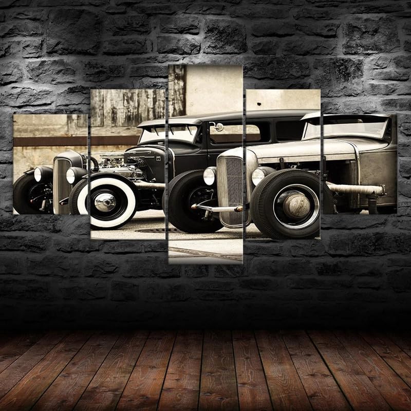 RAPSANI Mural 5 Piezas Pintura en Lienzo,5 Piezas Cuadros En Lienzos Coches clásicos de varilla Modular Moderna 5 Piezas,mural pared salon 3d decorativo pared,Listo para Colgar,gift xxl 100x55cm