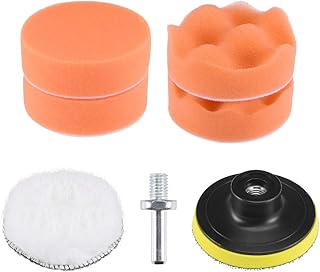 uxcell 3" Foam Drill Polishing Pad Kit, 2pcs Flat 2pcs Waved Sponge Pads Orange 1pcs Wool Pad 1pcs Hook and Loop Backing Pad with M10 Drill Adapter