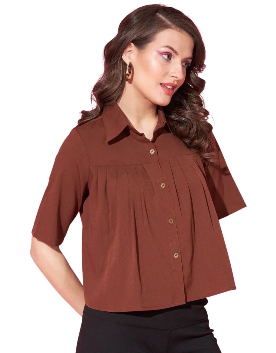 nirmala traders Women's Polyester Solid Collared Neck Top Short Sleeve Button-Down Shirt with Pleated Front Stylish Casual & Office Wear Top for Women-picture-29