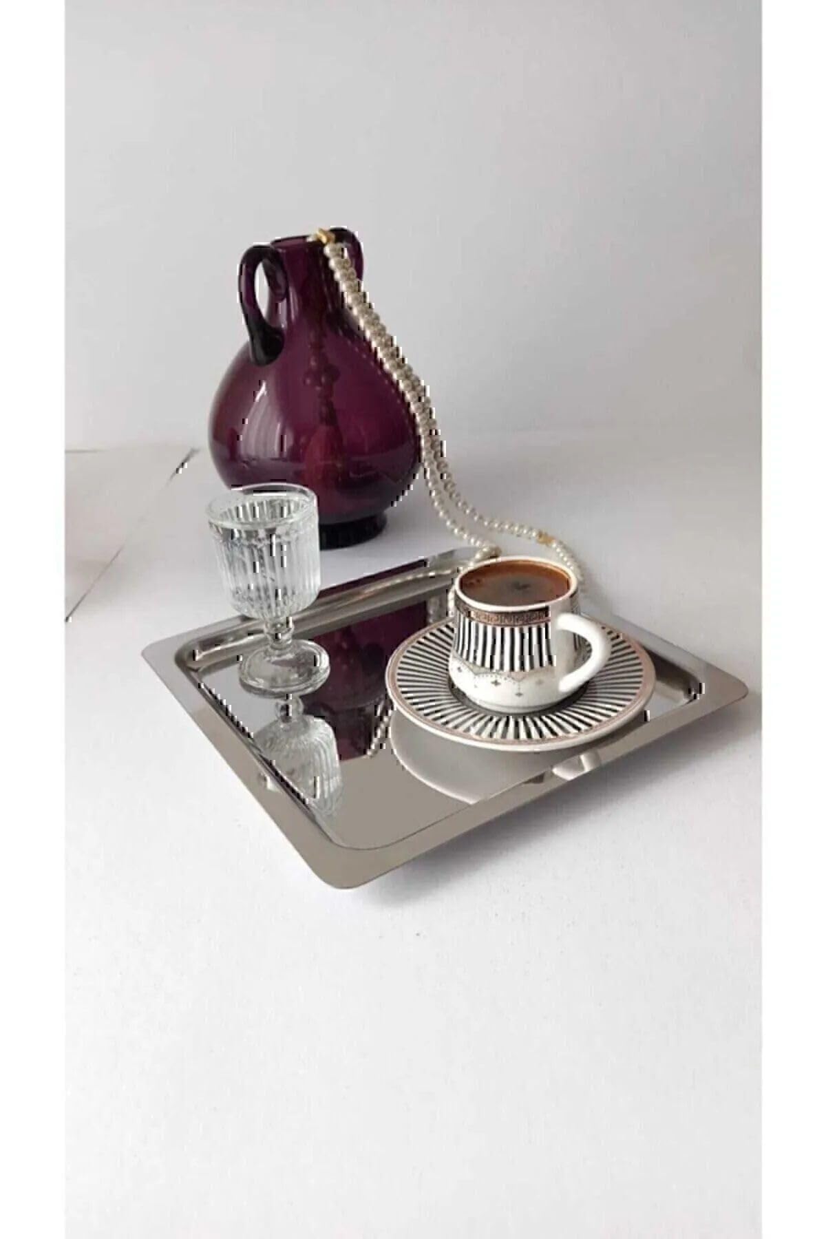 ARVALE 6 Adet Lüx Kare Paslanmaz Çelik Sunum Tepsini 21x21cm Kahve Servis Sunum Tepsisi & Tabağı (Gümüş)
