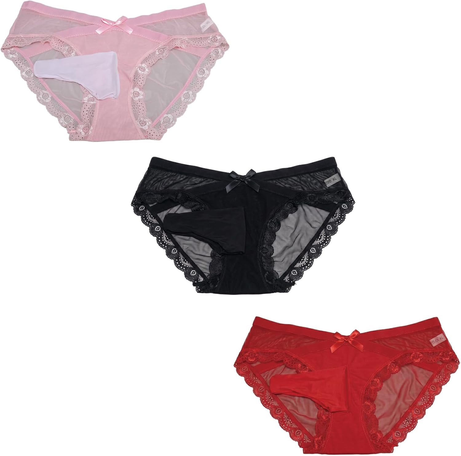 Men's Sexy Lace Briefs - Elephant Trunk Crotch Pouch - Cross Waist Mesh Bow Panties - Exotic Novelty G-Strings