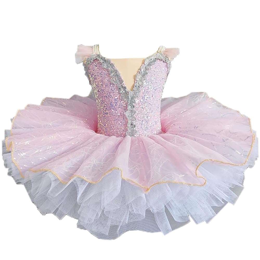 Mädchen Rosa Pancake Tutu-Ballettkleid, Professionell Kinder Ballettrock Mit Funkelnden Pailletten Tanzkleid
