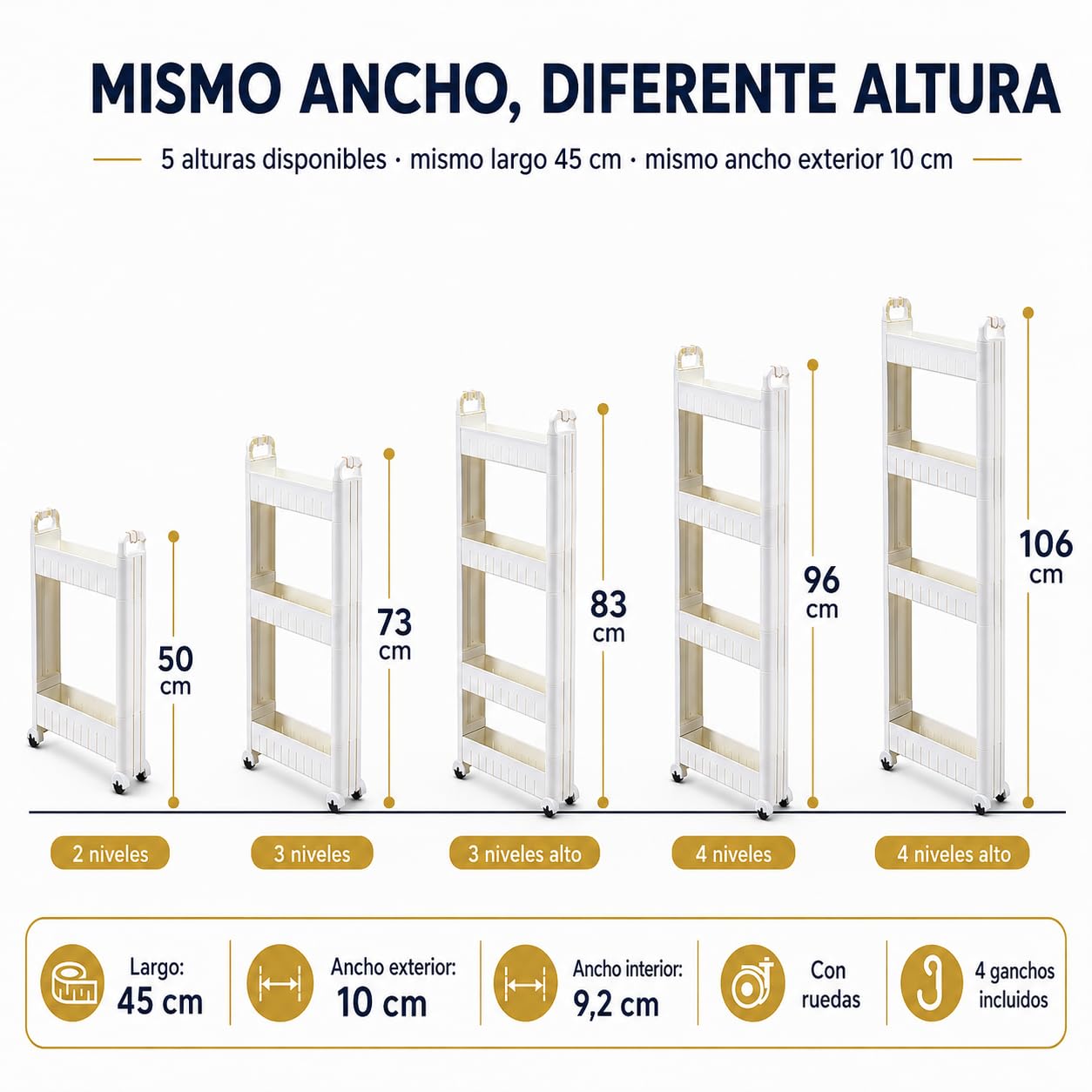 Genérico Carrito Estrecho de Almacenamiento con Ruedas, Estantería Móvil de Plástico con 4 Ganchos para Baño, Cocina, Lavadero, Blanco (73cm)